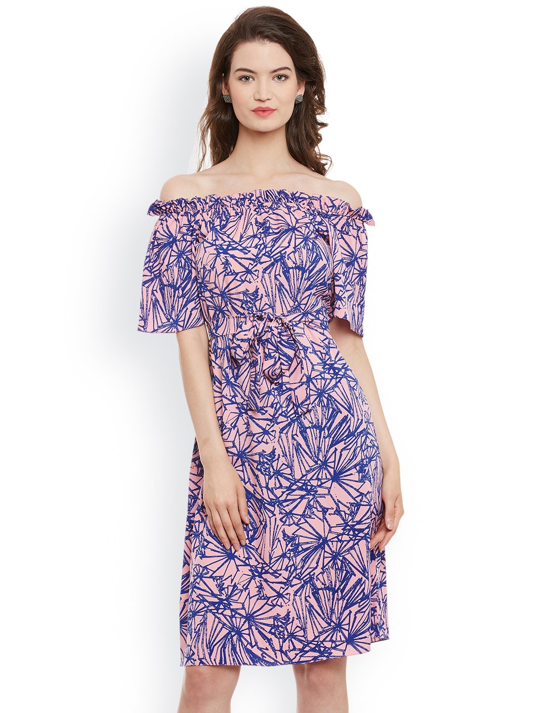 

Athena Women Peach-Coloured & Blue Printed Off-Shoulder A-Line Dress