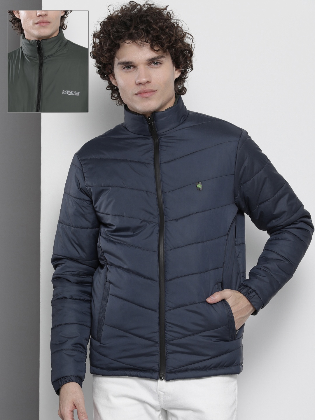 

The Indian Garage Co Men Navy Blue & Green Reversible Padded Jacket