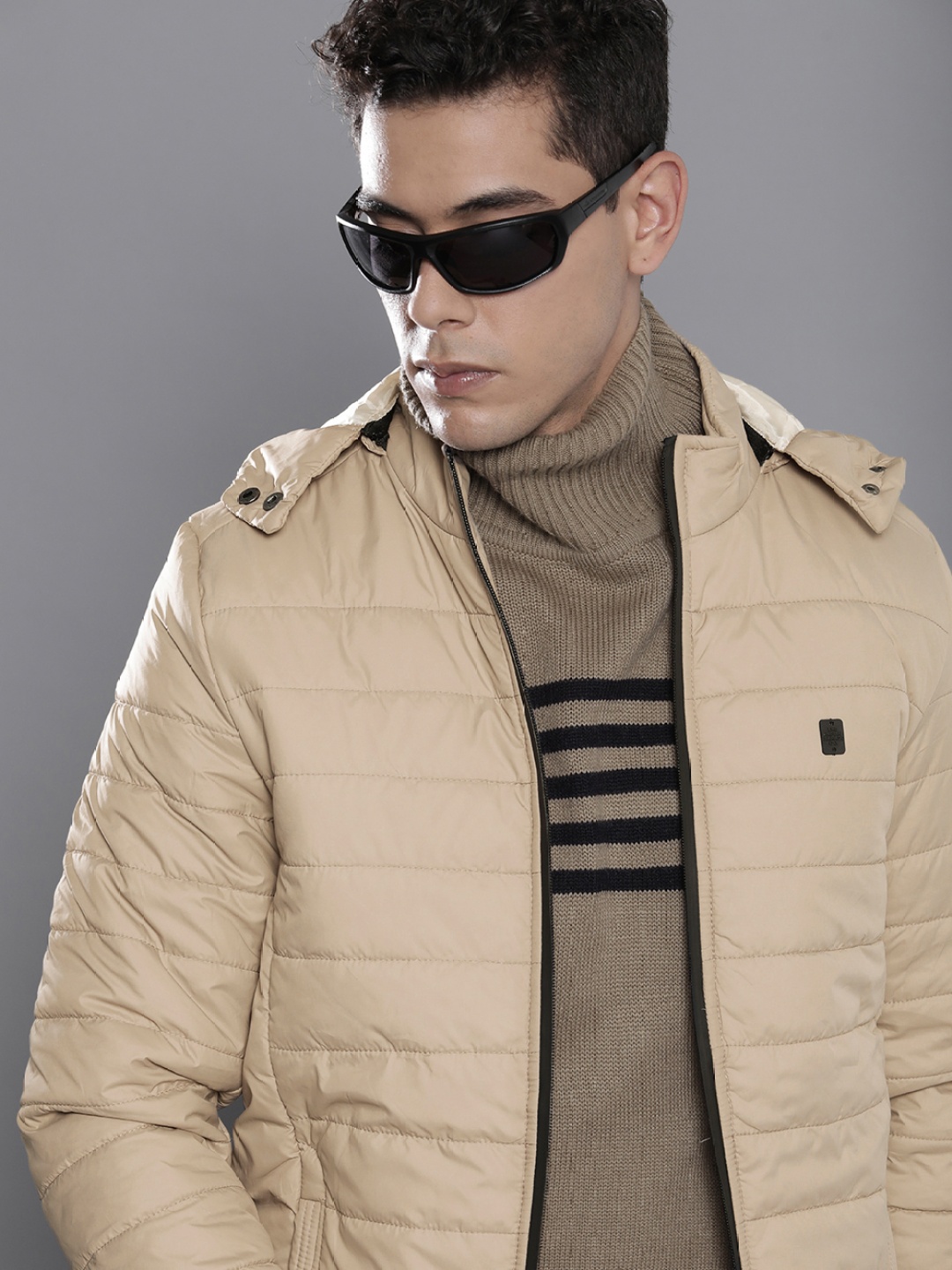 

The Indian Garage Co Men Beige Solid Padded Jacket with Detachable Hood