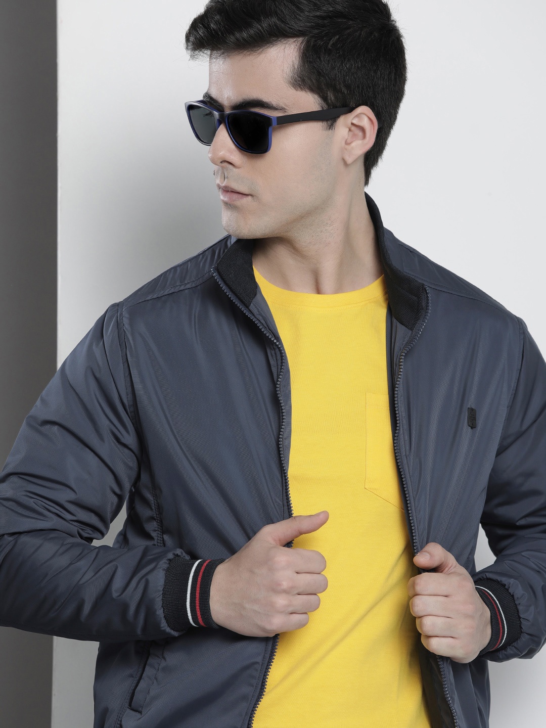 

The Indian Garage Co Men Navy Blue Red Striped Bomber Jacket