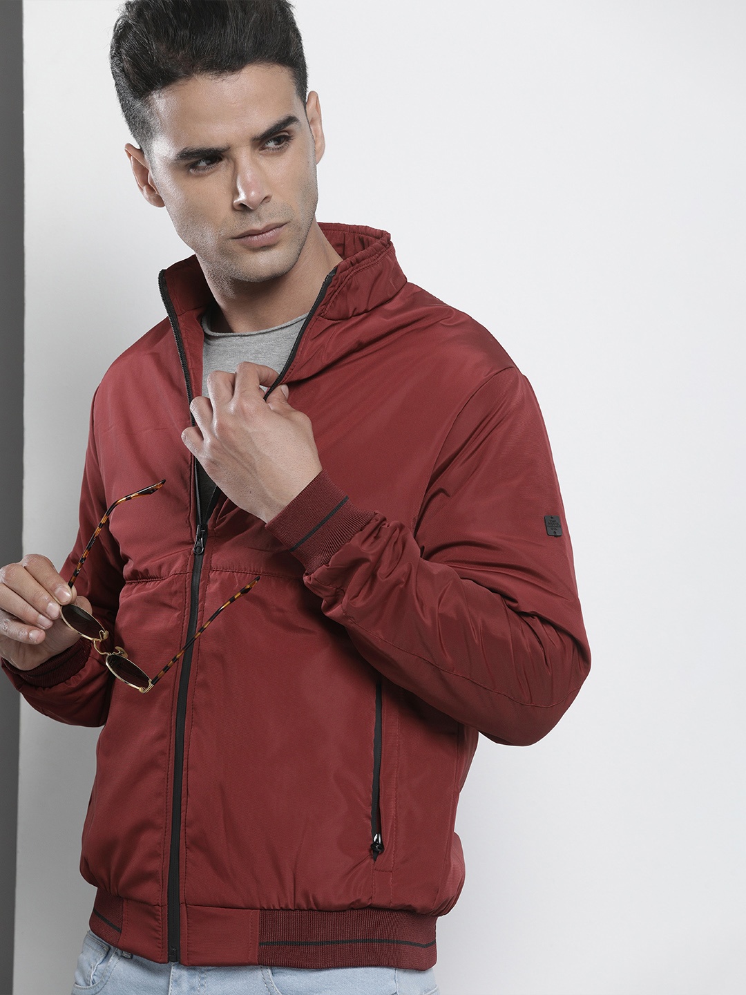 

The Indian Garage Co Men Zip-Front Bomber Jacket with Insert Pockets, Maroon