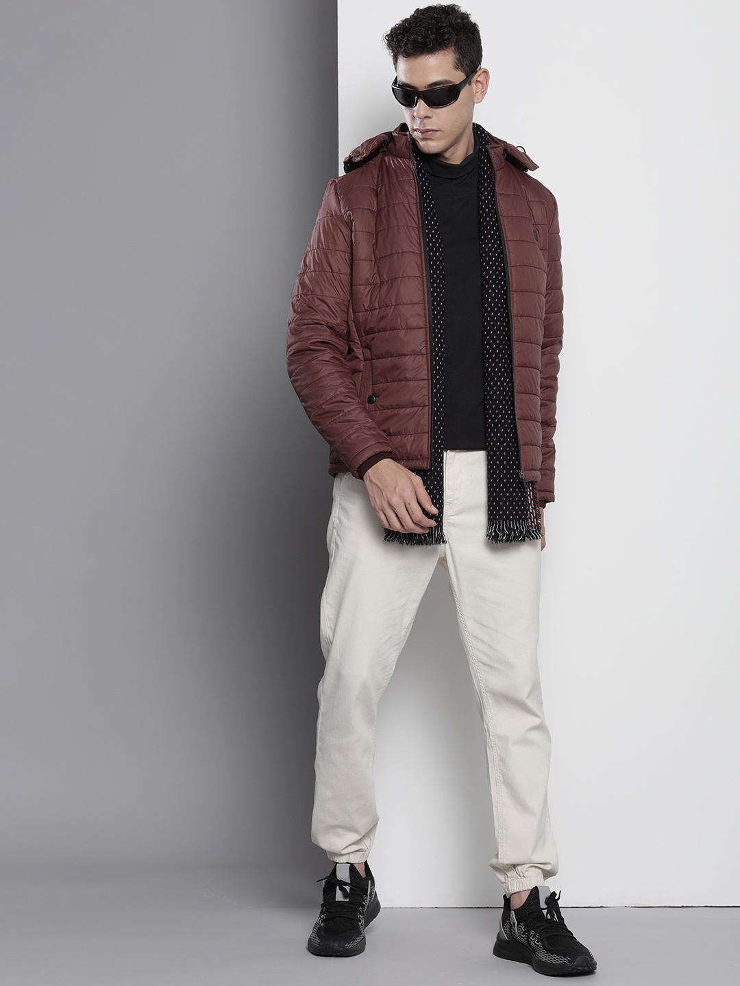 

The Indian Garage Co Men Zip- Front Puffer Jacket with Detachable Hood, Burgundy