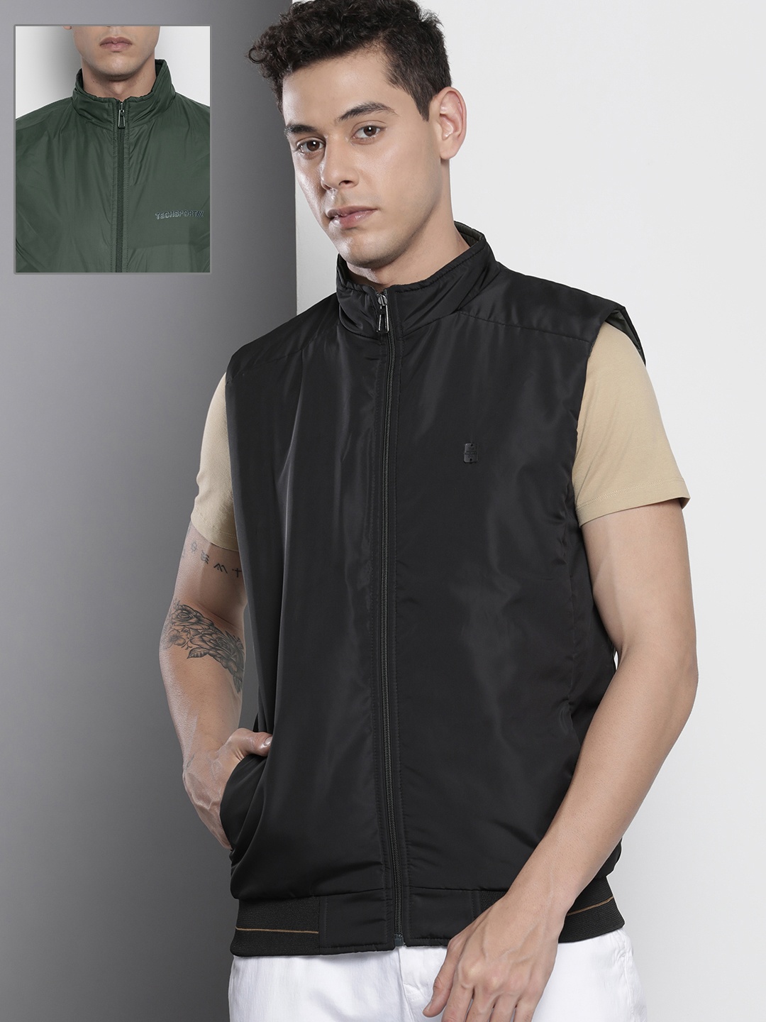 

The Indian Garage Co Men Sleeveless Zip-Front Reversible Bomber Jacket, Black