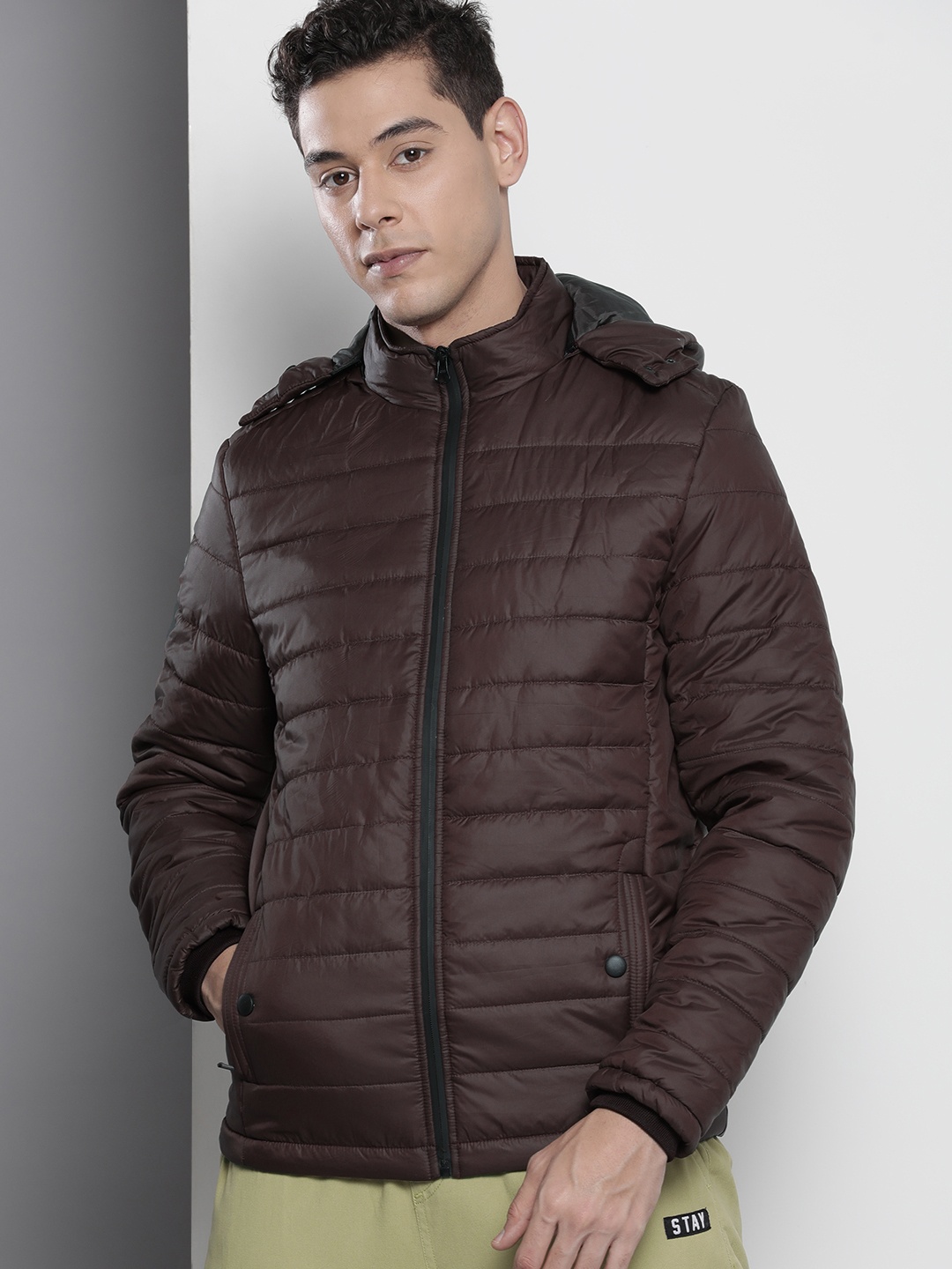 

The Indian Garage Co Men Zip- Front Puffer Jacket with Detachable Hood, Brown