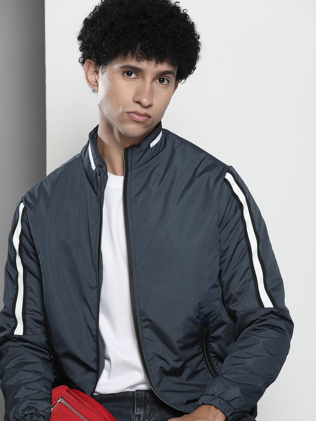 

The Indian Garage Co Men Zip-Front Bomber Jacket with Zipper Pockets, Navy blue