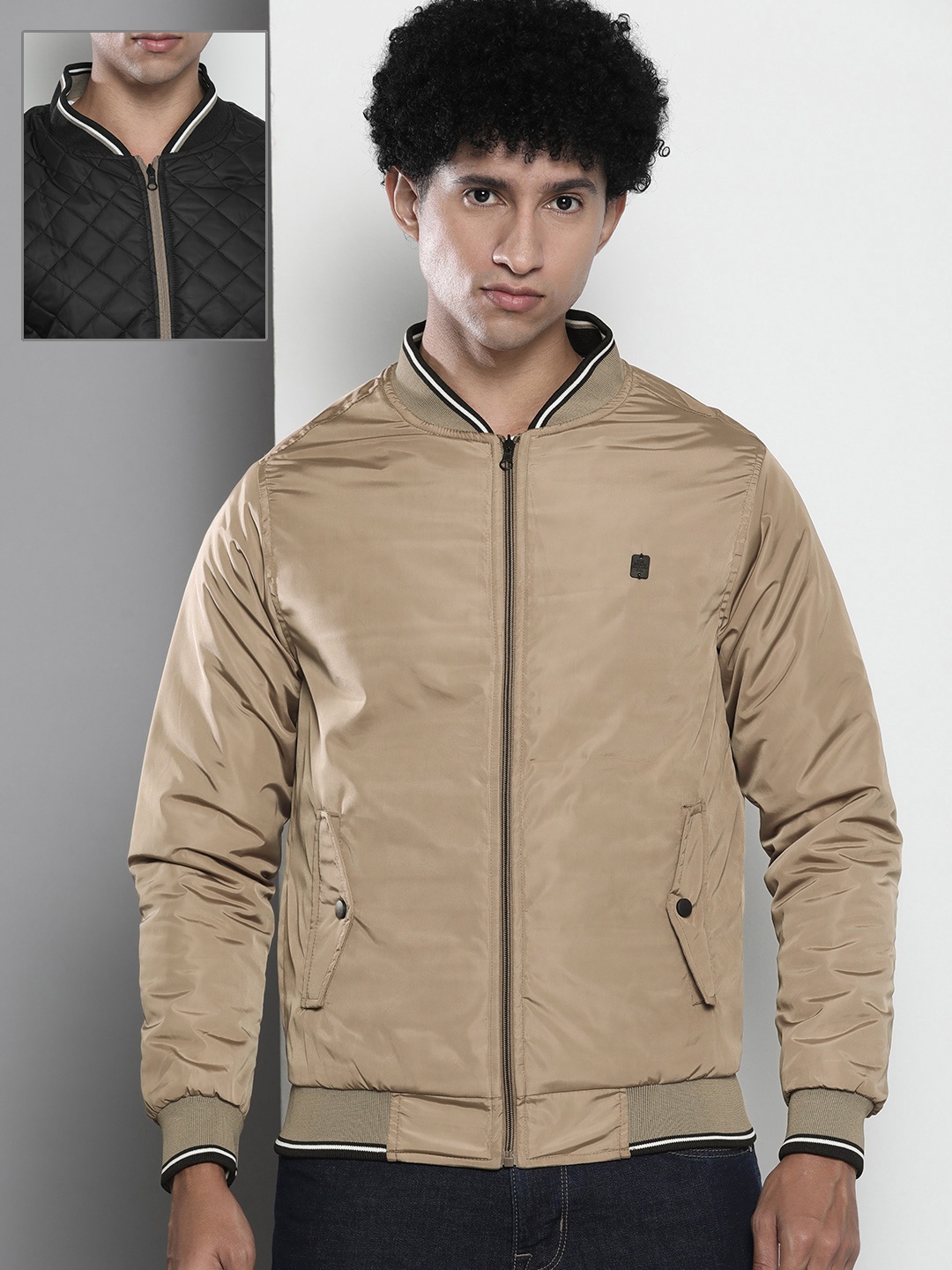 

The Indian Garage Co Men Beige & Black Reversible Bomber Jacket