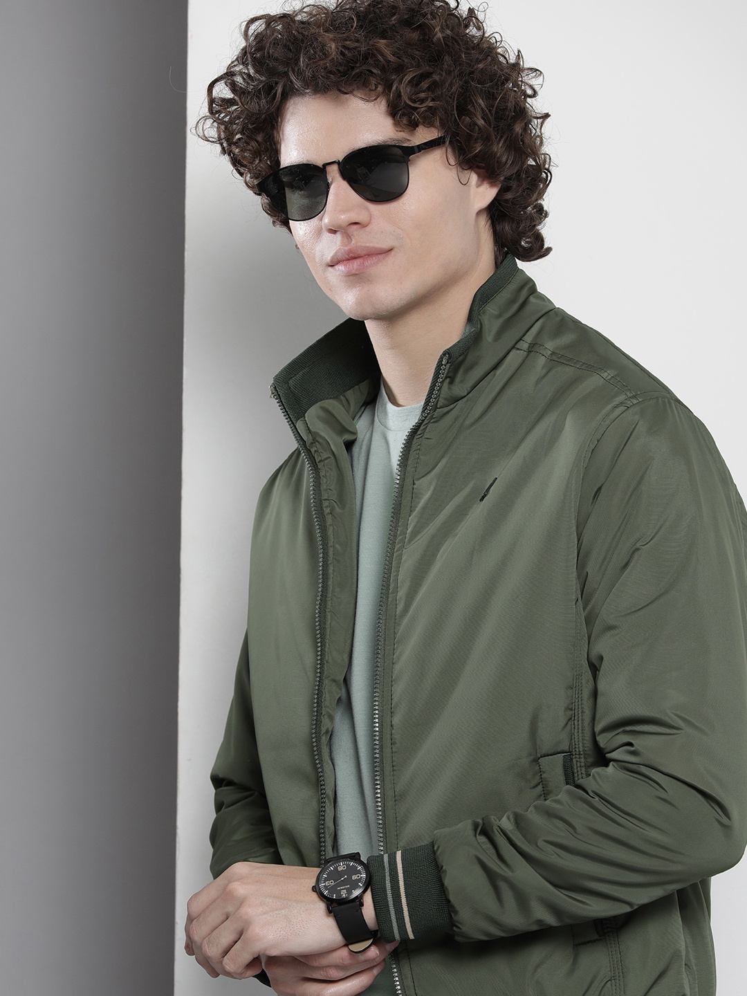 

The Indian Garage Co Men Regular Fit Zip-Front Bomber Jacket, Olive