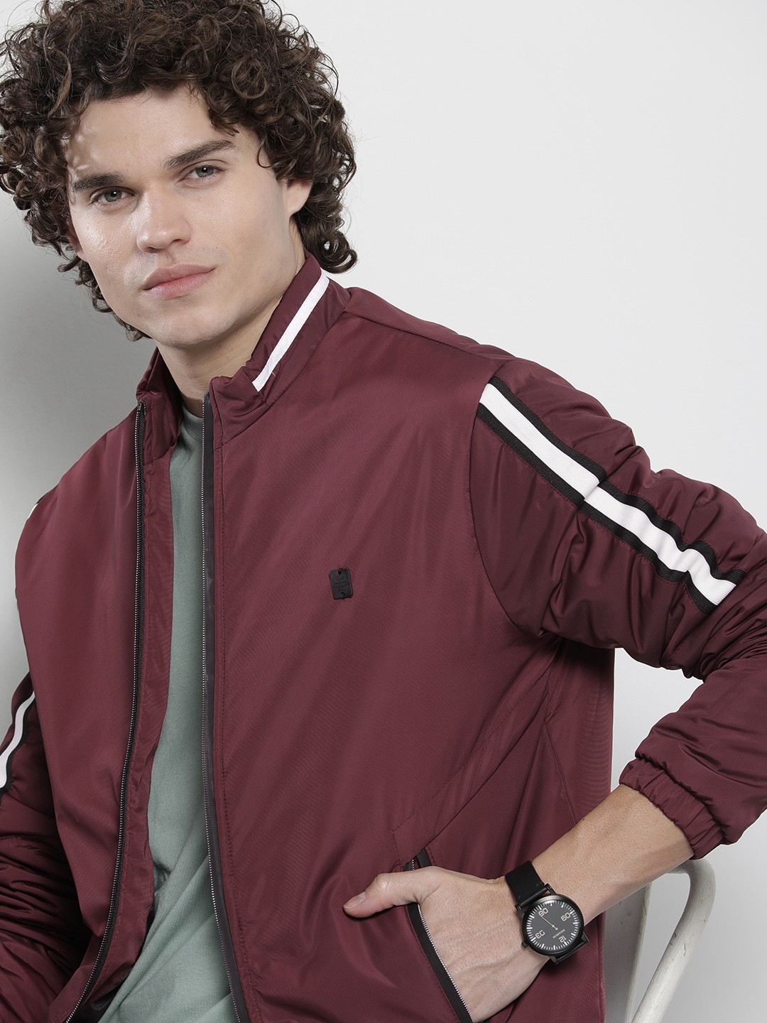 

The Indian Garage Co Men Maroon & White Striped Sporty Jacket