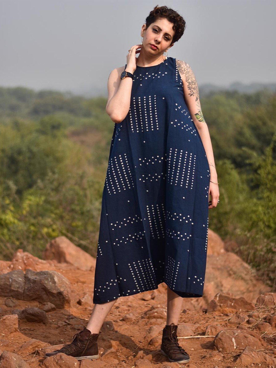 

Chidiyaa Women Blue A-Line Midi Cotton Dress