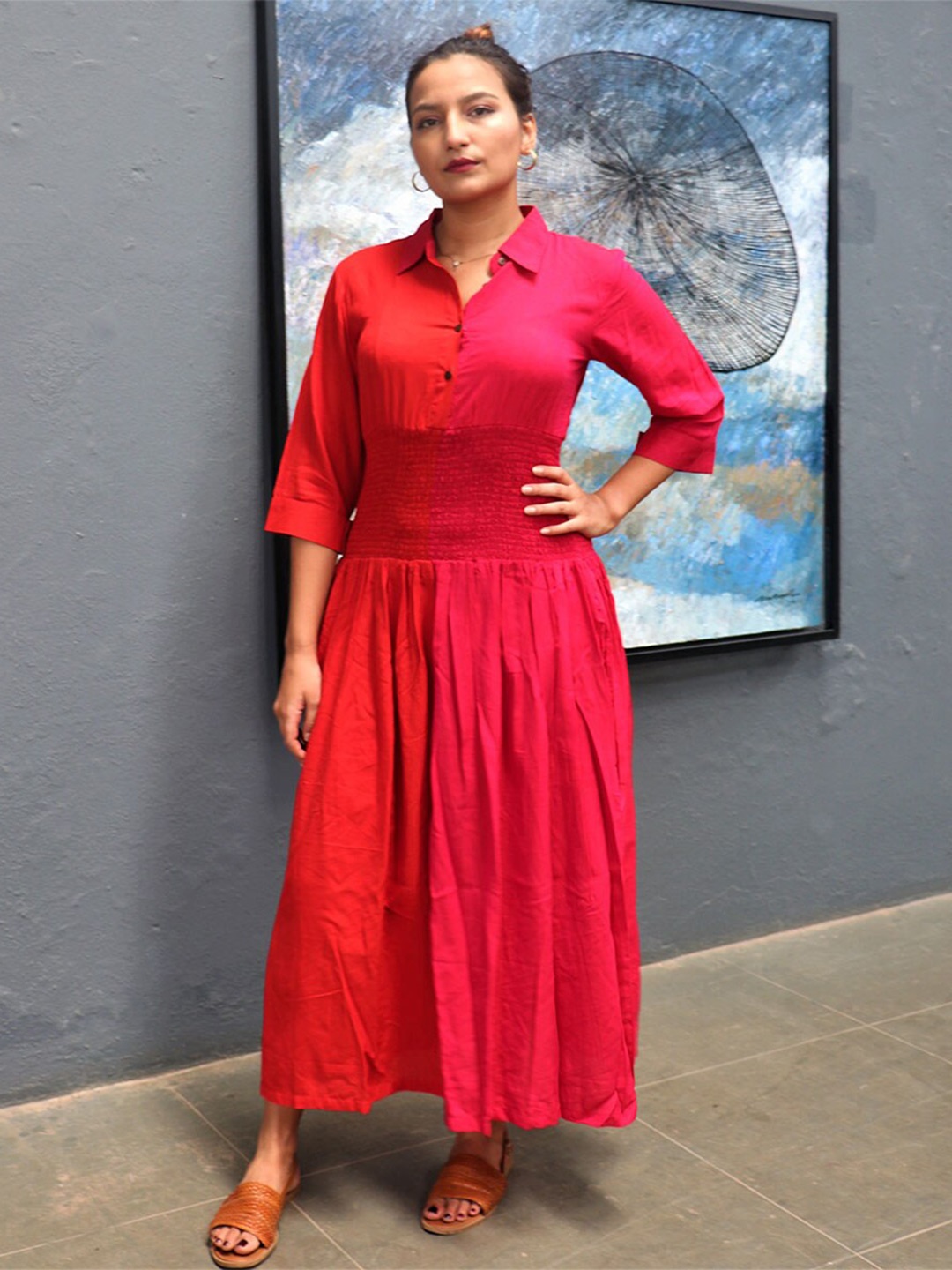 

Chidiyaa Red Shirt Style Smocked Maxi Dress