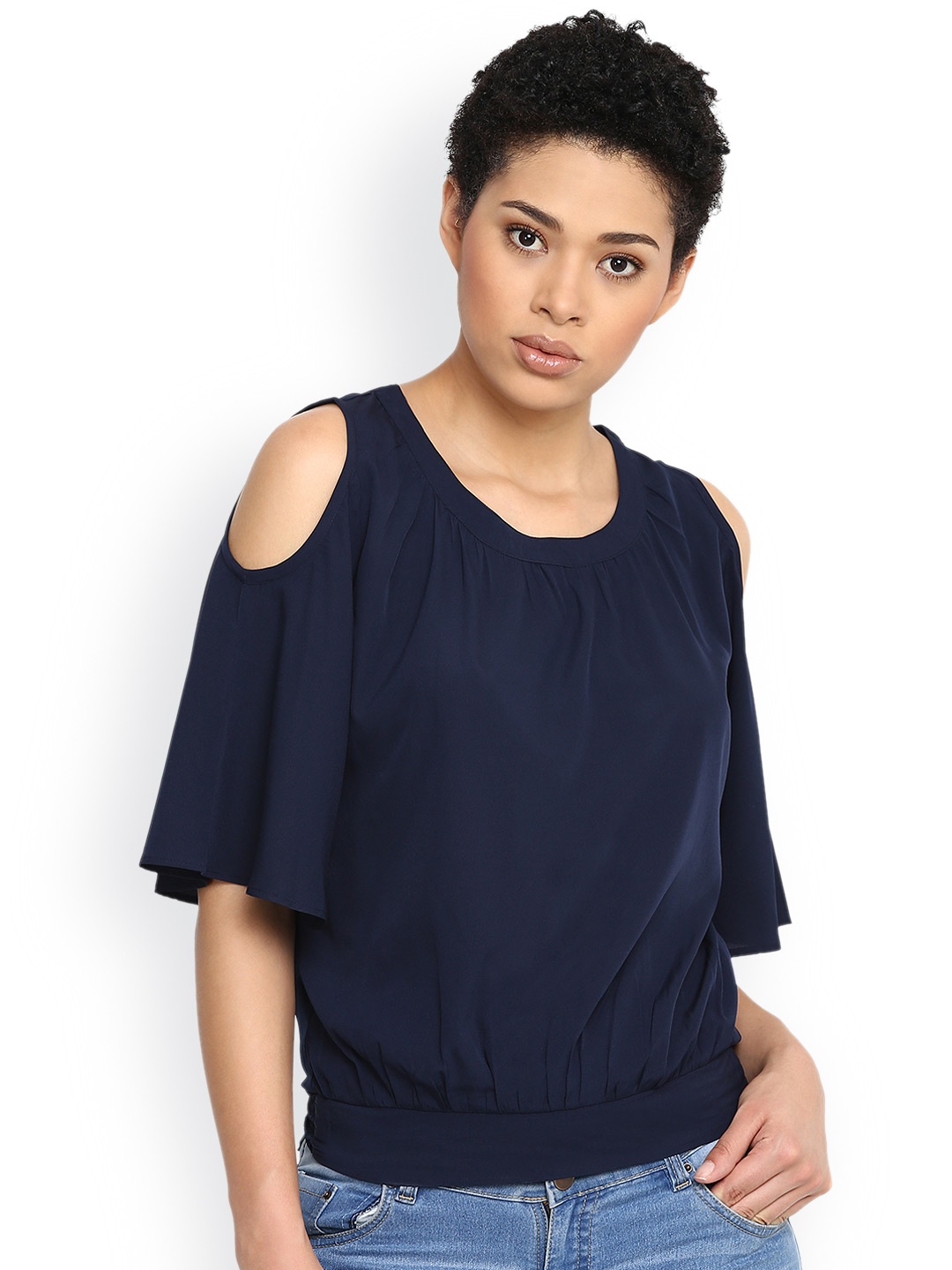 

Harpa Women Navy Solid Blouson Top, Navy blue