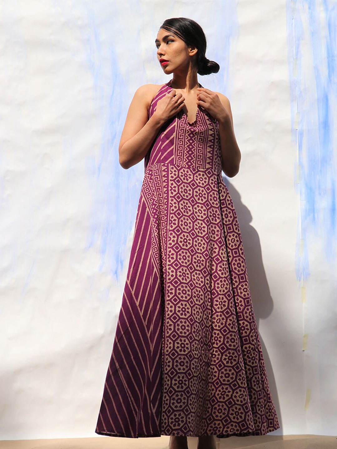 

Chidiyaa Purple Ethnic Motifs Halter Neck Maxi Dress