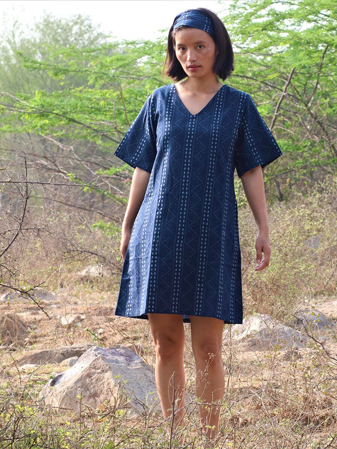 

Chidiyaa Blue Block Printed A-Line Cotton Dress