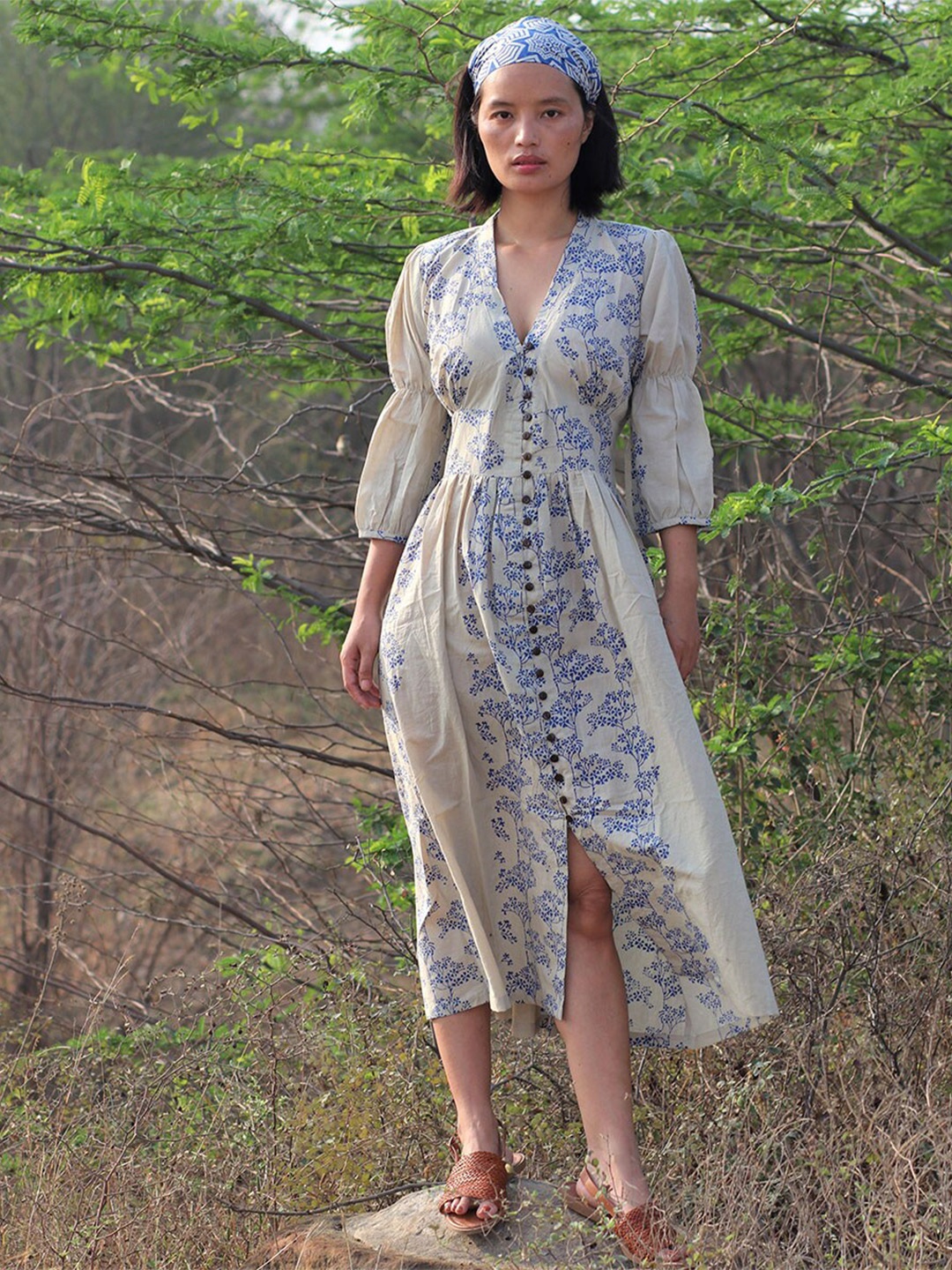 

Chidiyaa Blue Floral A-Line Midi Cotton Dress