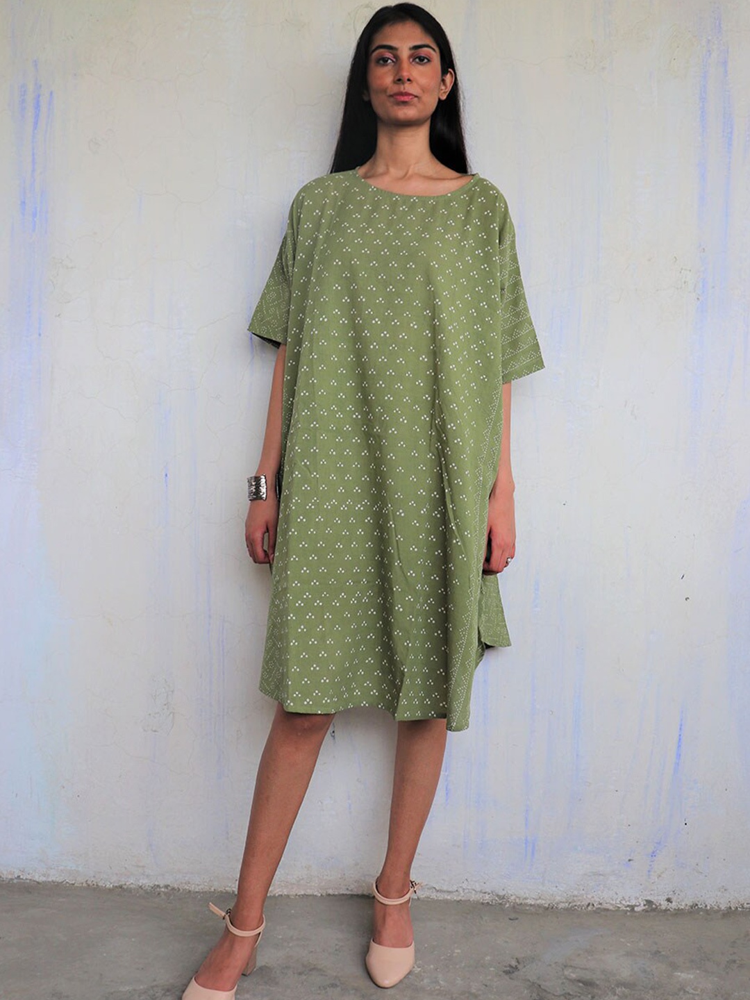 

Chidiyaa Women Green Printed Cotton A-Line Dress