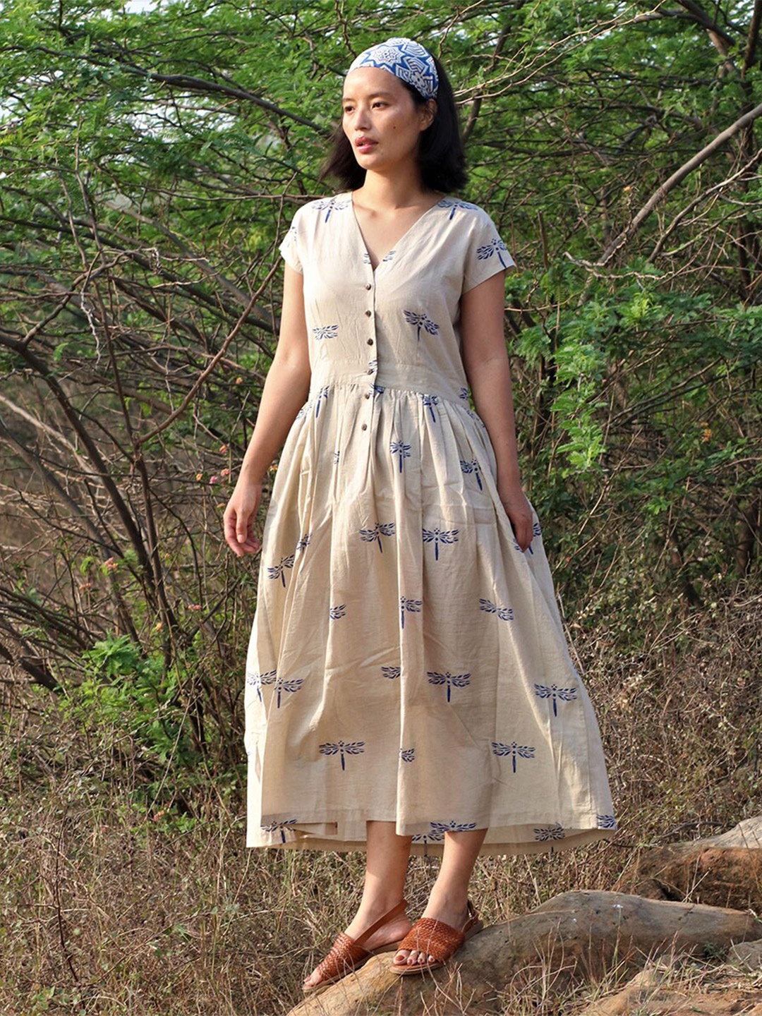 

Chidiyaa Blue & Beige Dragonfly Block Printed Midi Dress