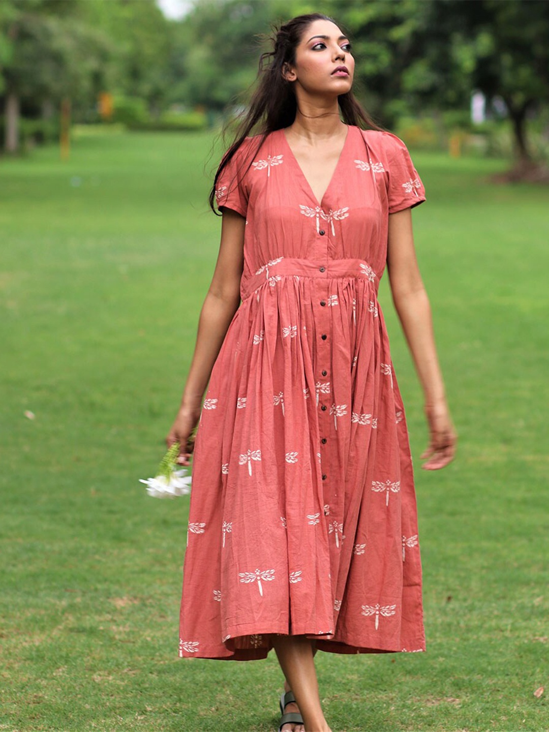 

Chidiyaa Orange Printed Midi Dress