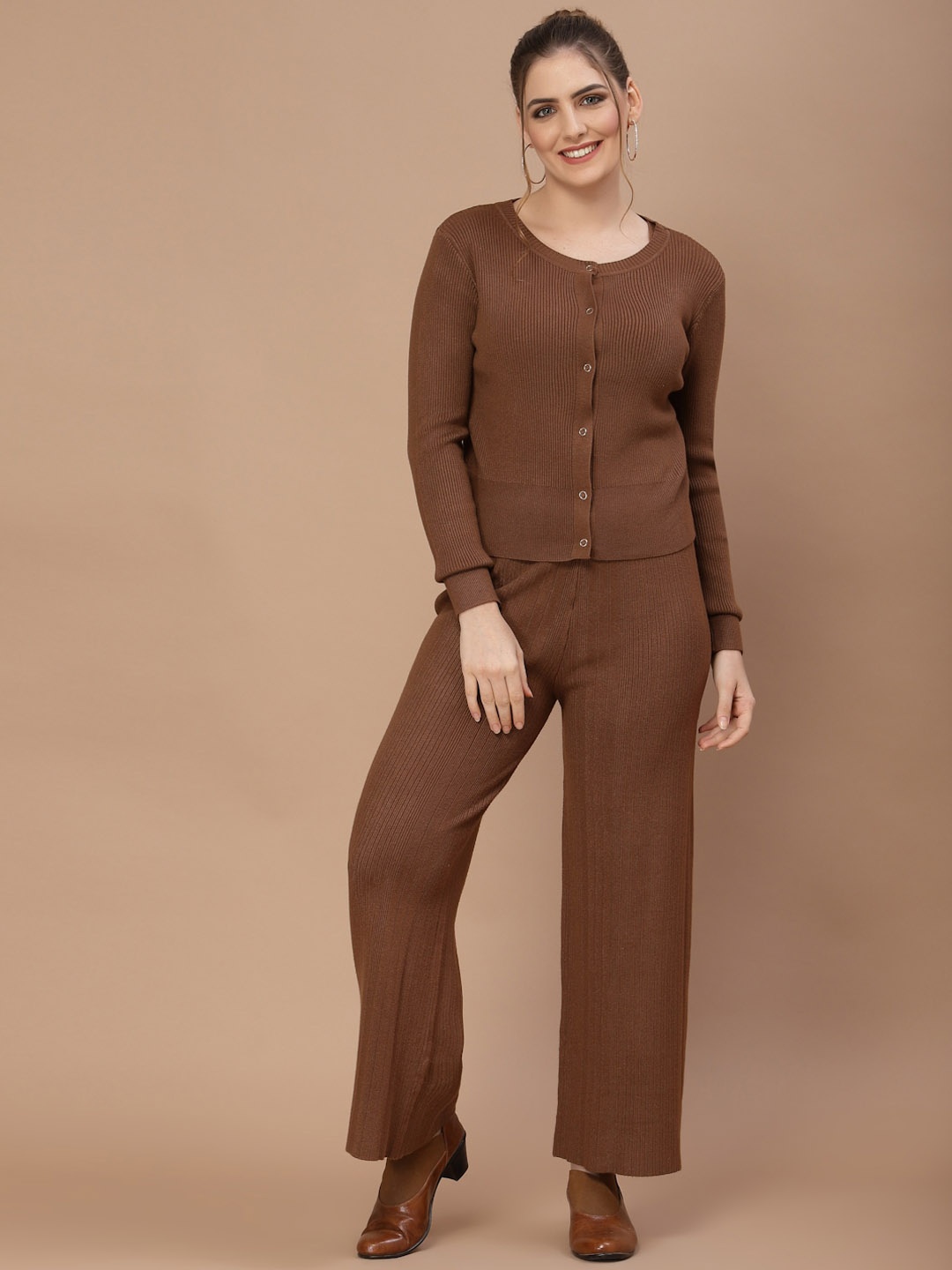 

Mafadeny Women Brown Top with Trousers & Cardigan