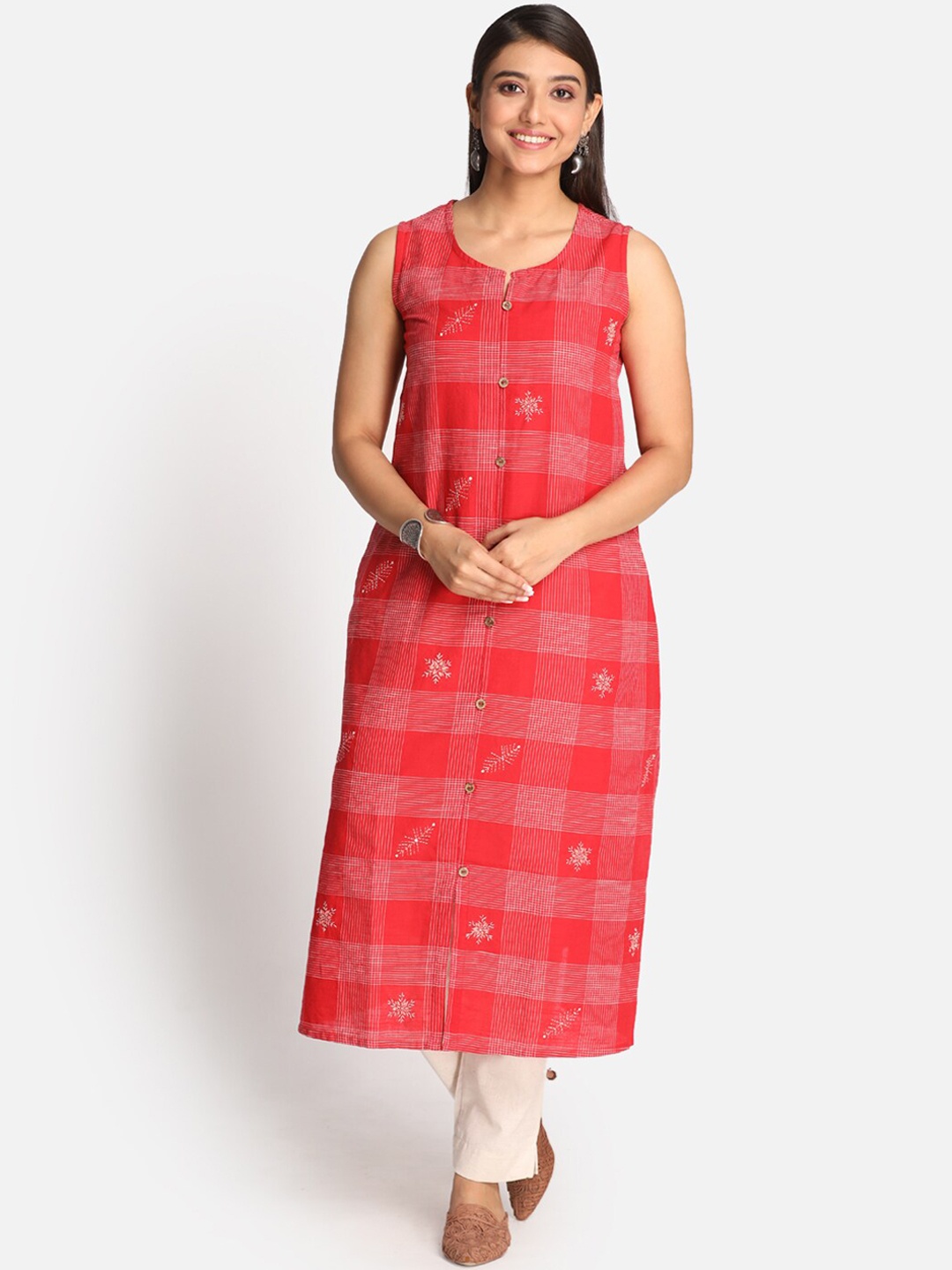 

Earthwear Women Red Checked Sleeveless Cotton Kurta