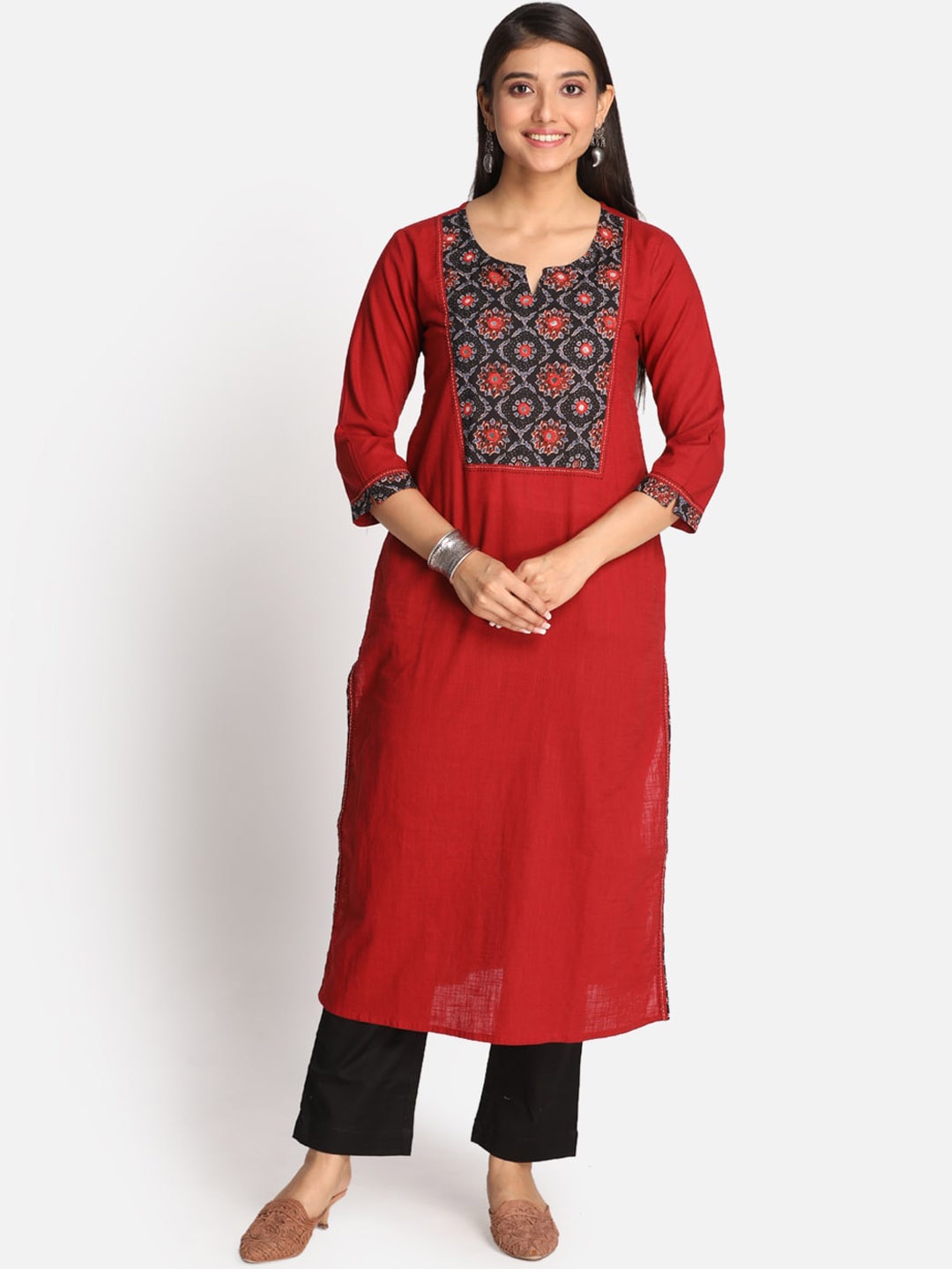 

Earthwear Women Red Yoke Design Keyhole Neck Kurta