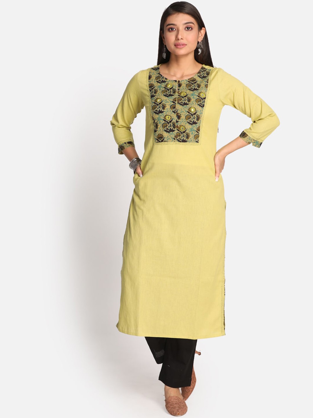 

Earthwear Women Lime Green & Turquoise Blue Embroidered Mirror Work Pure Cotton Kurta