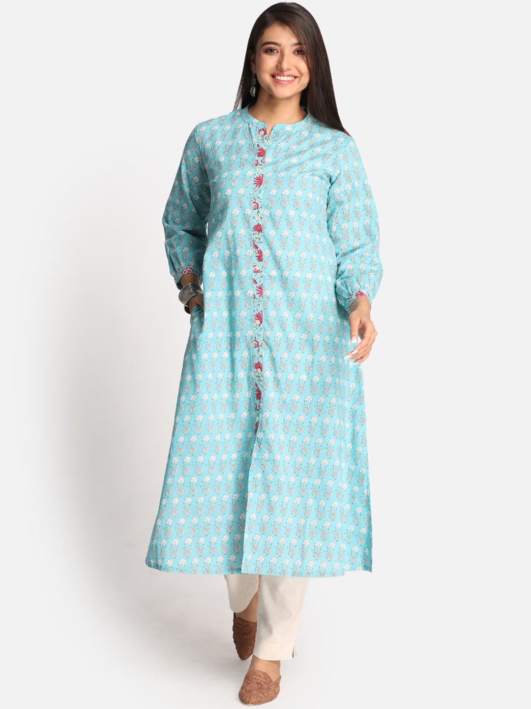 

Earthwear Women Turquoise Blue Ethnic Motifs Gotta Patti Kurta