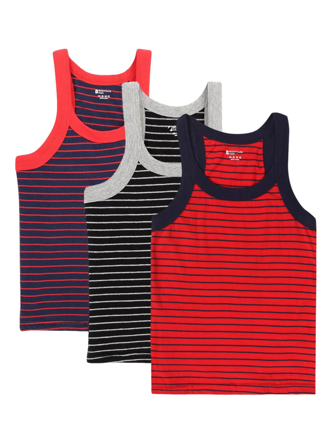 

Bodycare Kids Boys Black, Navy blue and Red Pack Of 3 Innerwear Vests