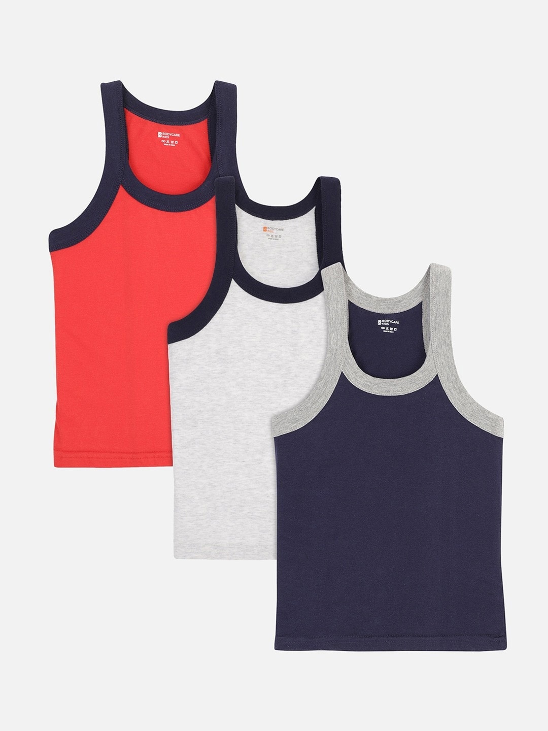 

Bodycare Kids Boys Pack Of 3 coral , Grey And Navy blue Cotton Innerwear Vests