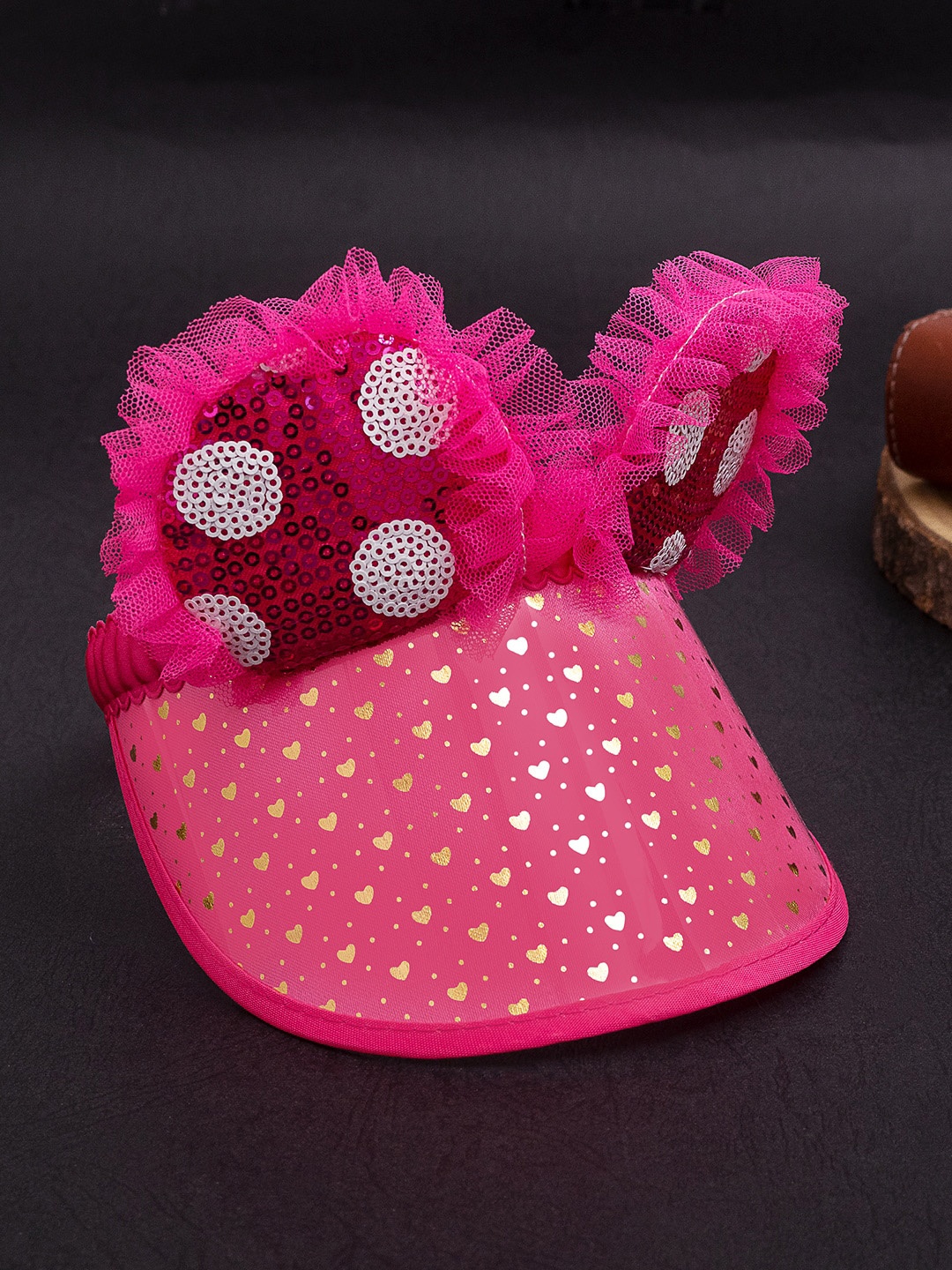 

Golden Peacock Girls Pink polka Dots Sequin Embellished Visor Cap