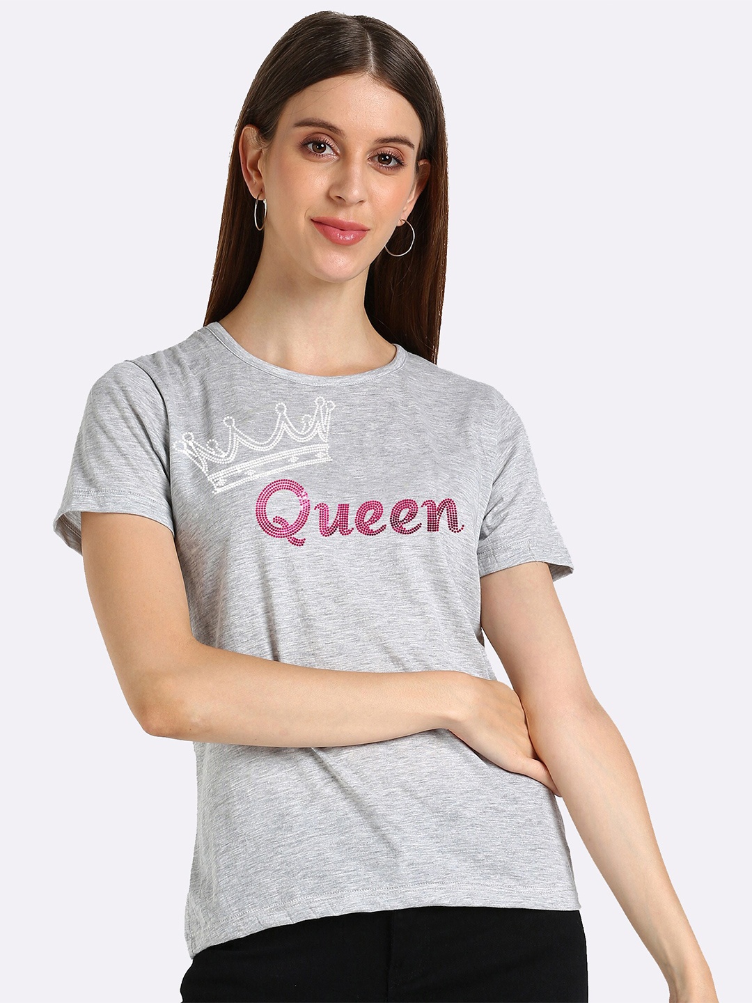 

shashvi Women Grey Typography Printed Embellished T-shirt