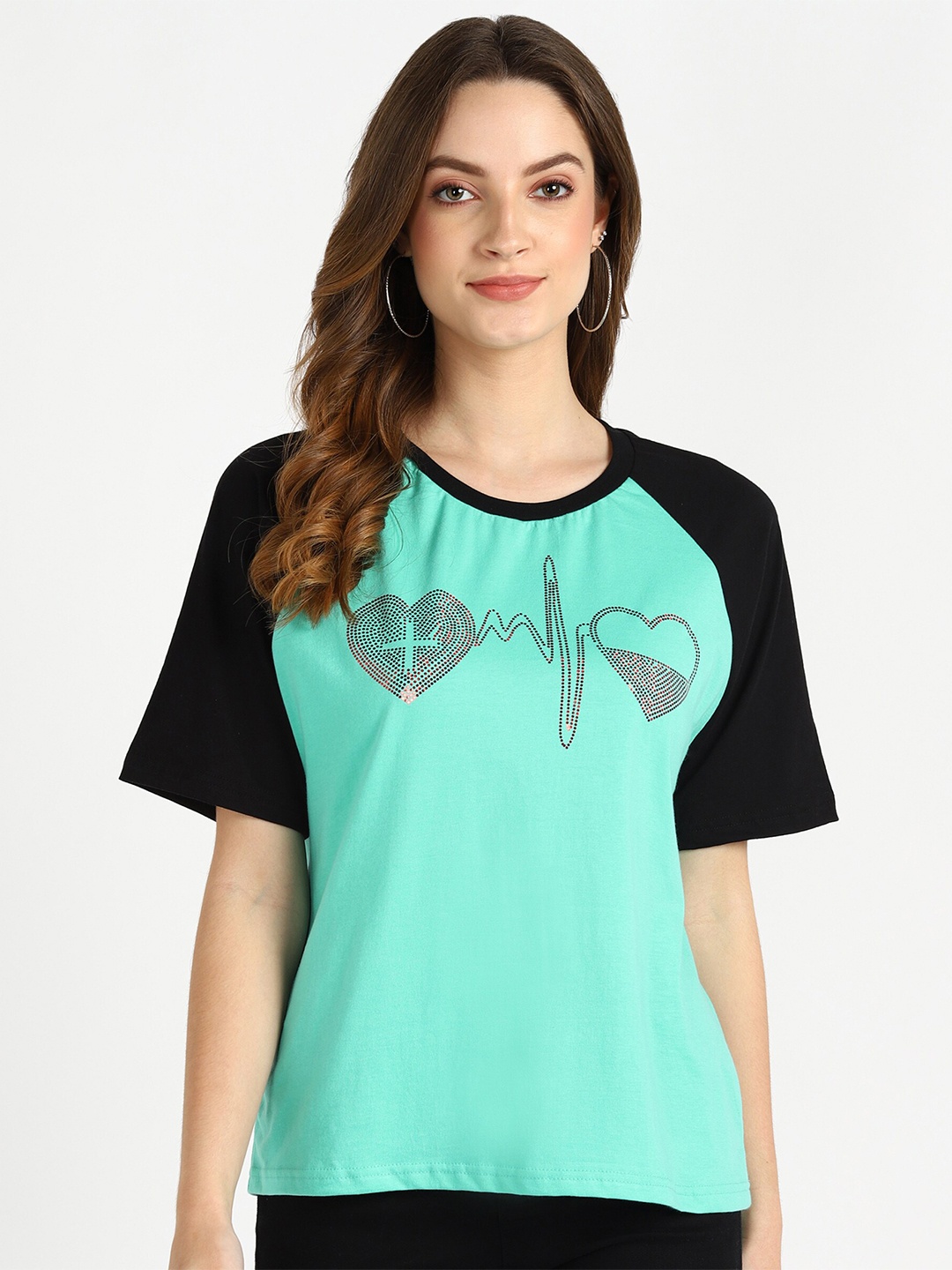 

shashvi Women Teal & Black Printed Cotton T-shirt