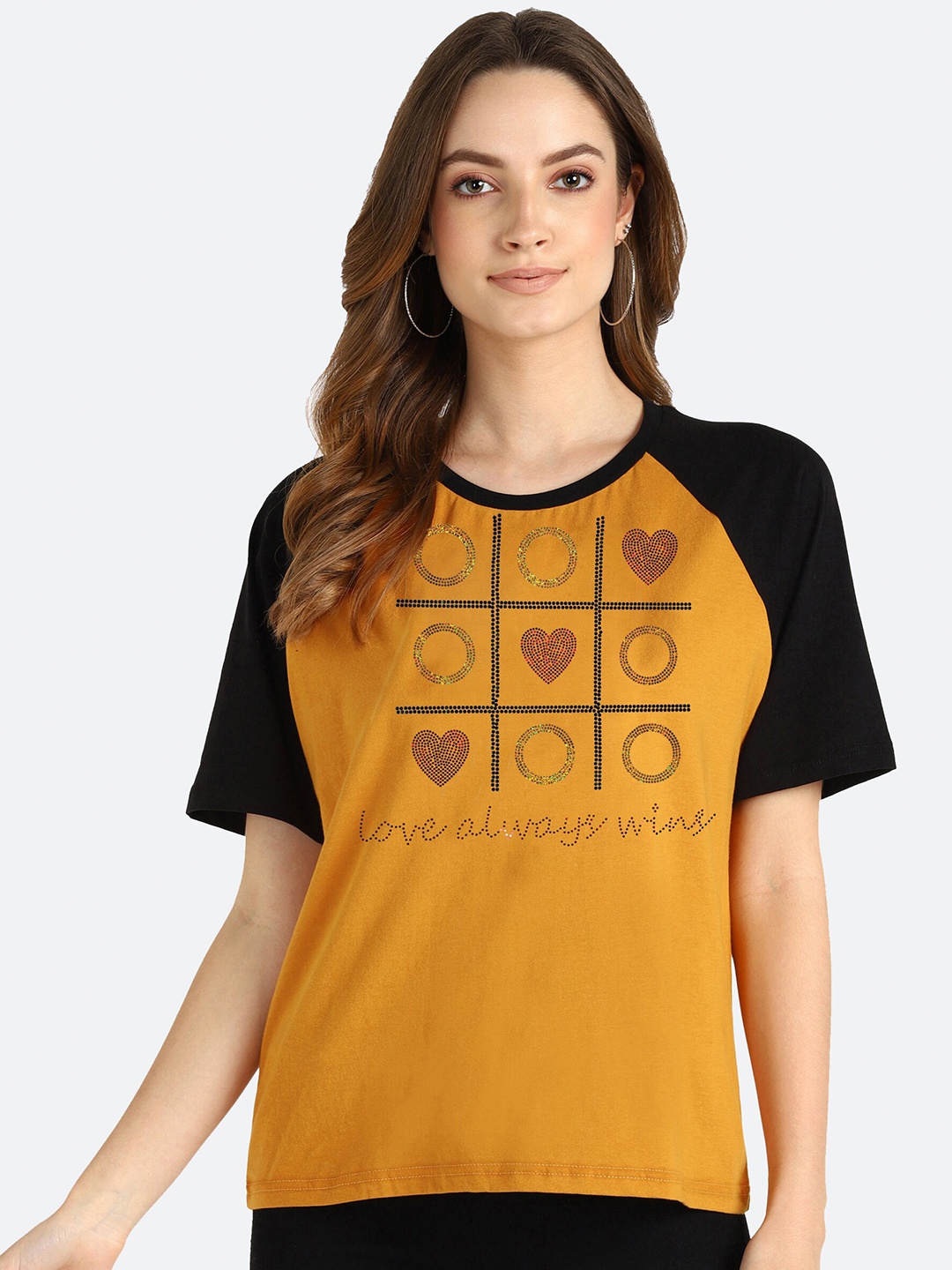 

shashvi Women Mustard Yellow embellished T-shirt