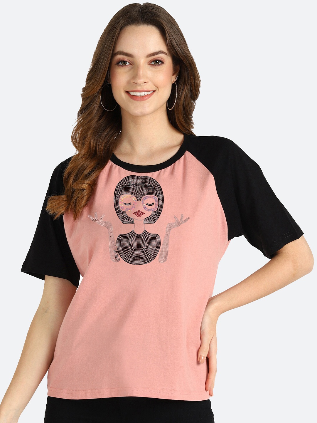 

shashvi Women Pink Typography Printed Drop-Shoulder Sleeves T-shirt, Peach