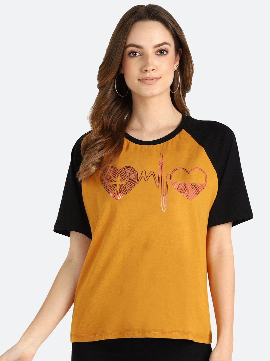 

shashvi Women Mustard Yellow & Black Typography Printed T-shirt