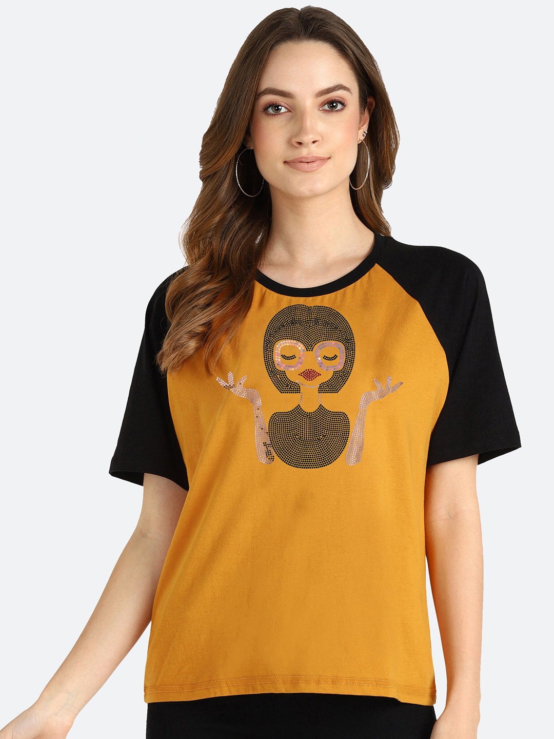 

shashvi Women Mustard Yellow Embellished T-shirt