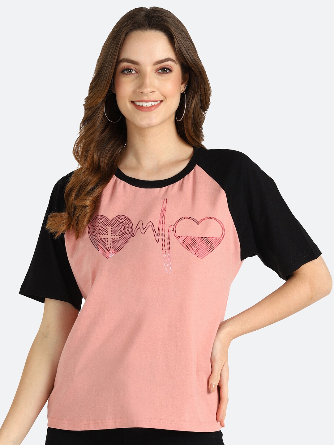 

shashvi Women Pink Colourblocked Printed T-shirt