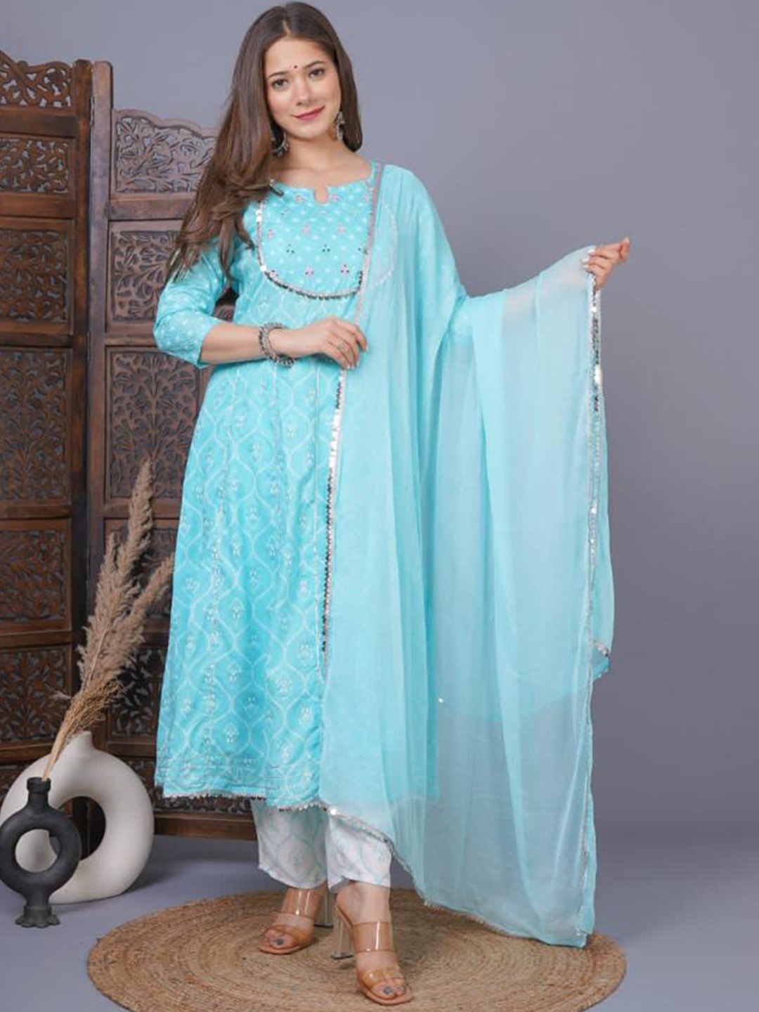 

SINGNI Women Blue Ethnic Motifs Yoke Design Mirror Work Kurta with Trousers & With Dupatta