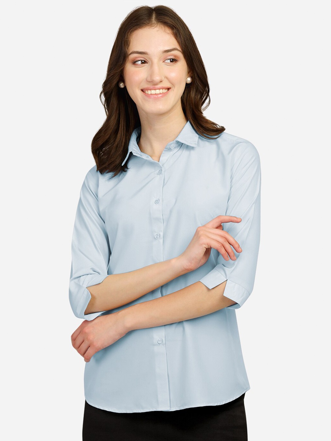 

Fbella Women Blue Solid Standard Slim Fit Formal Shirt