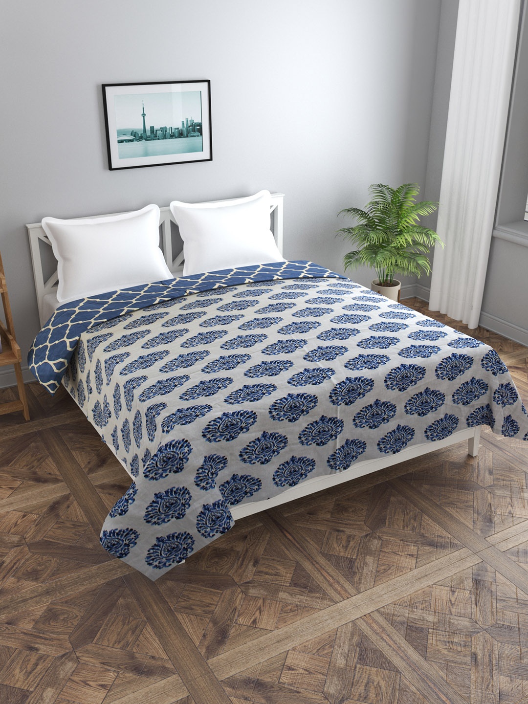 

Trance home Linen Damask Blue 210 GSM Pure Cotton Reversible Double Bed Size Dohar, Beige
