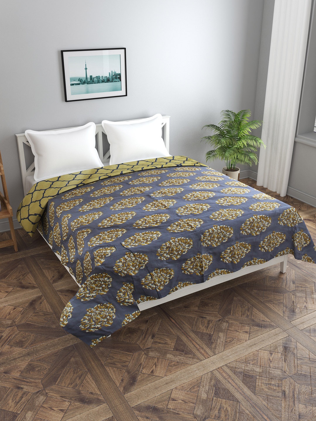 

Trance home Linen Damask Mustard Yellow 210 GSM Pure Cotton Reversible Double Bed Size Dohar, Grey