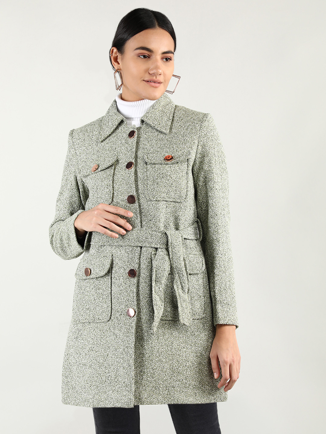 

HONNETE Women Green Textured Overcoats