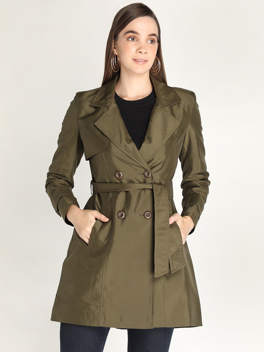 

HONNETE Women Olive Solid Trench Coat With Belt