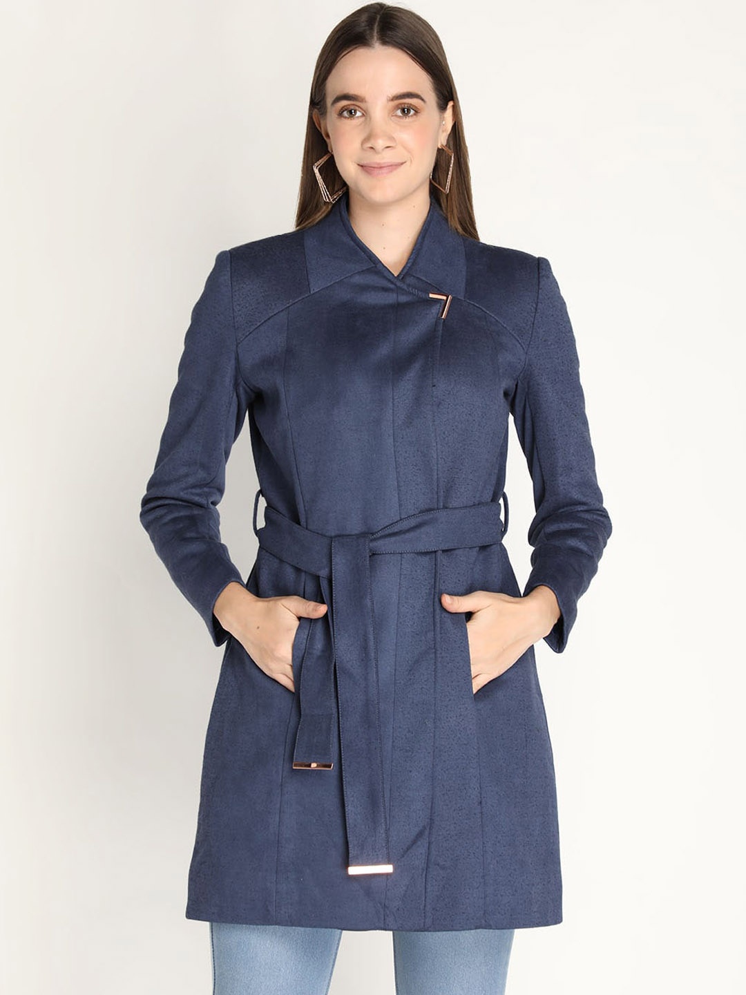 

HONNETE Women Blue Solid Winter Coat With Belt