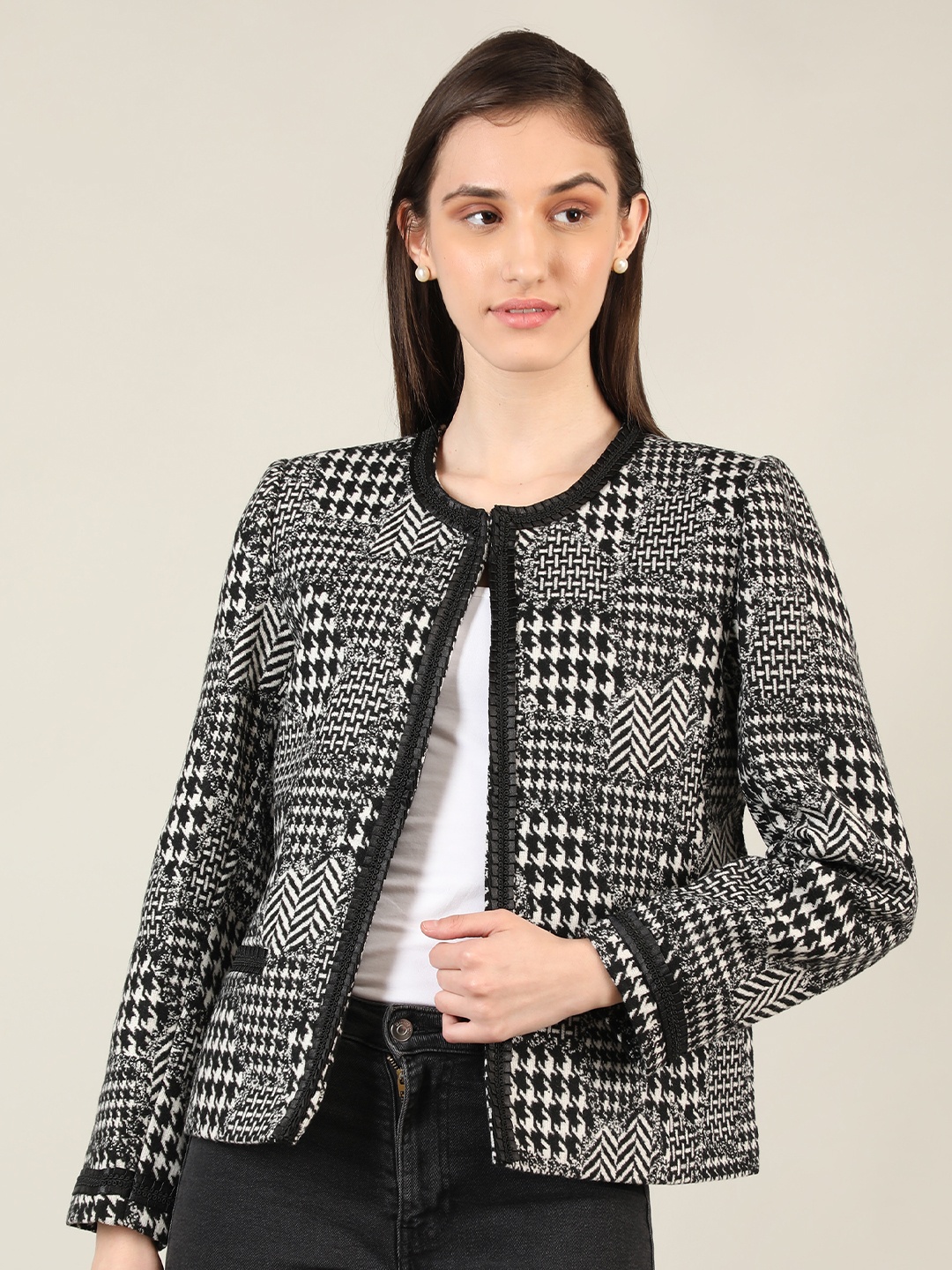 

HONNETE Women Black Checked Regular Fit Pea Coat