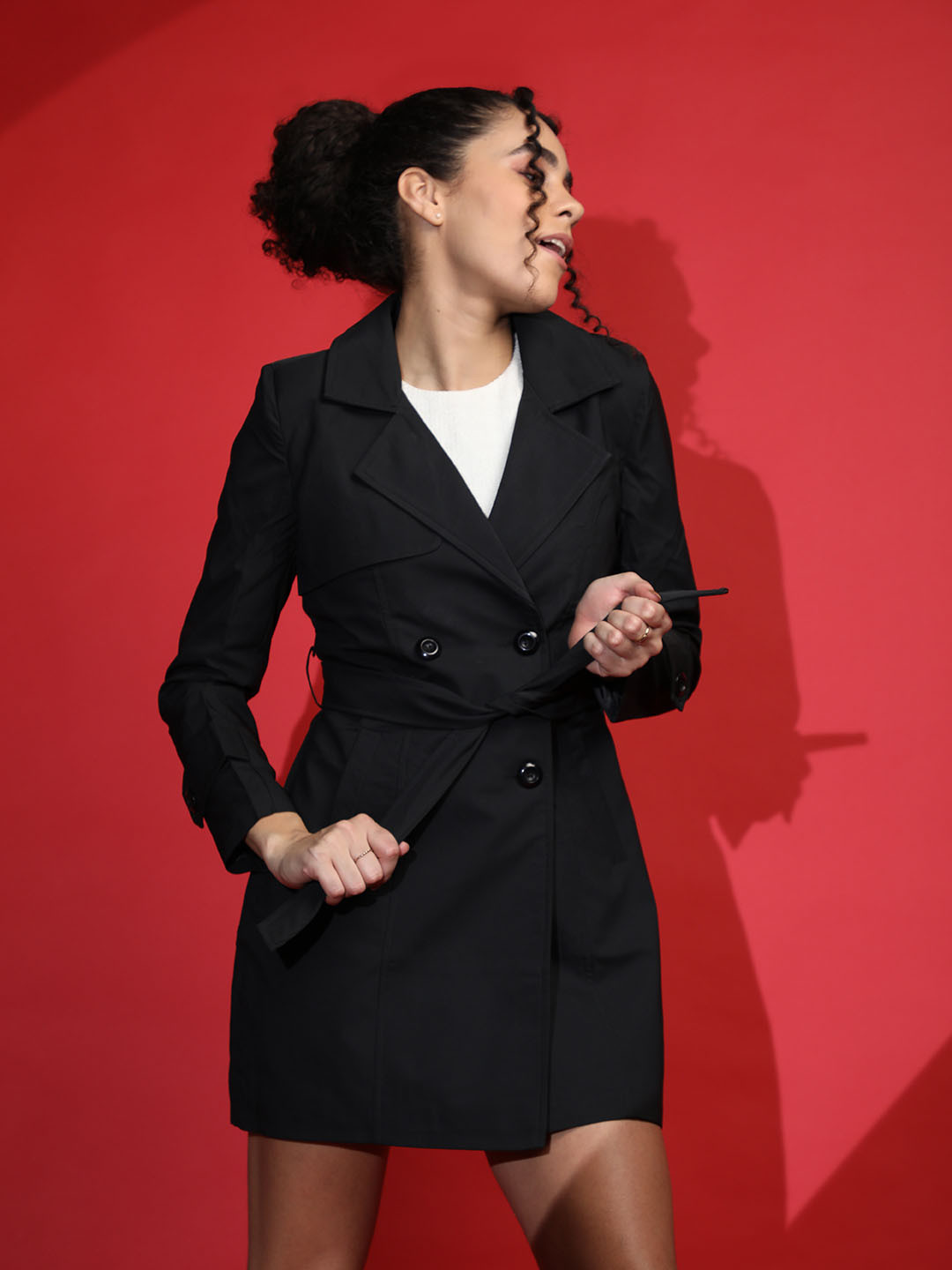 

HONNETE Women Black Solid Trench Winter Coat