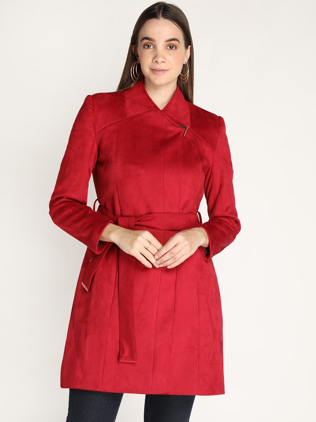 

HONNETE Women Maroon Solid Trench Coats