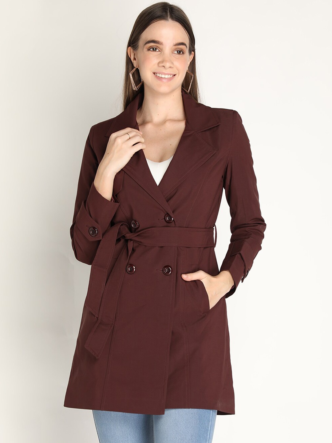 

HONNETE Women Maroon Trench Winter Coat With Belt