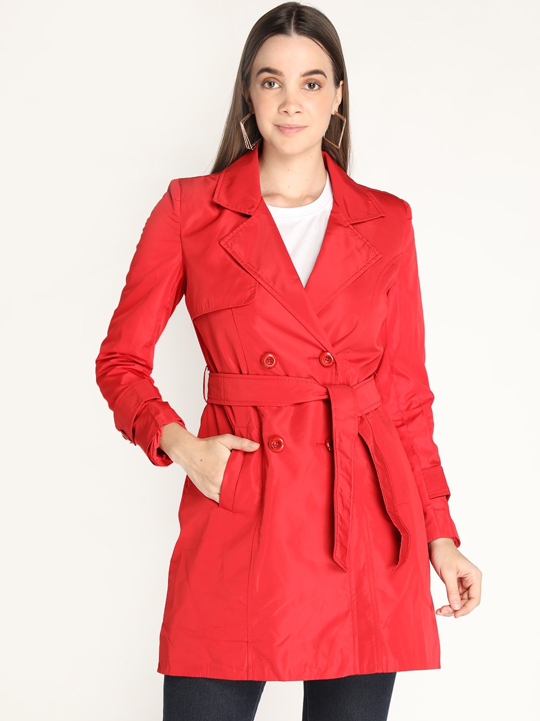 

HONNETE Women Red Solid Trench Winter Coat