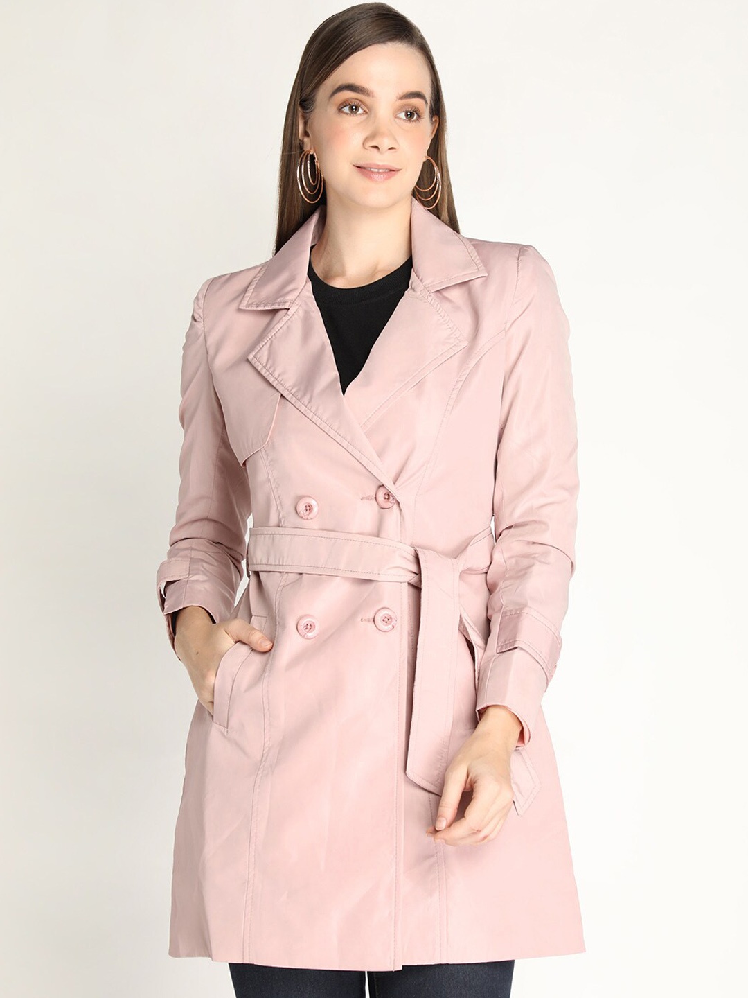 

HONNETE Women Pink Solid Trench Coats With Belt