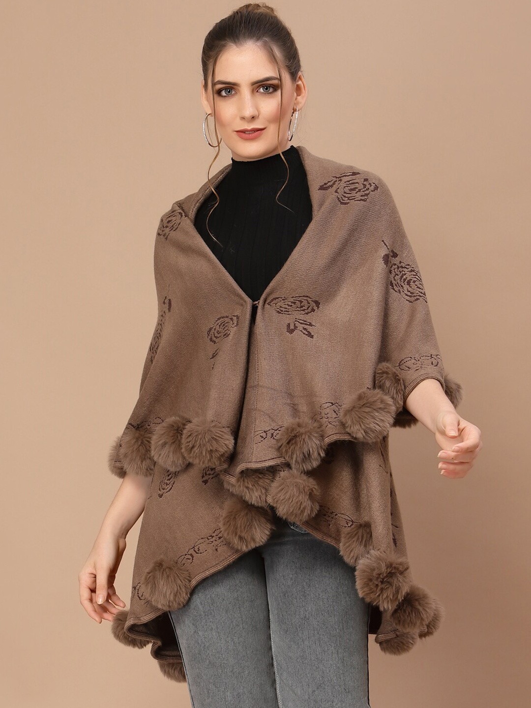

Mafadeny Women Brown Floral Poncho